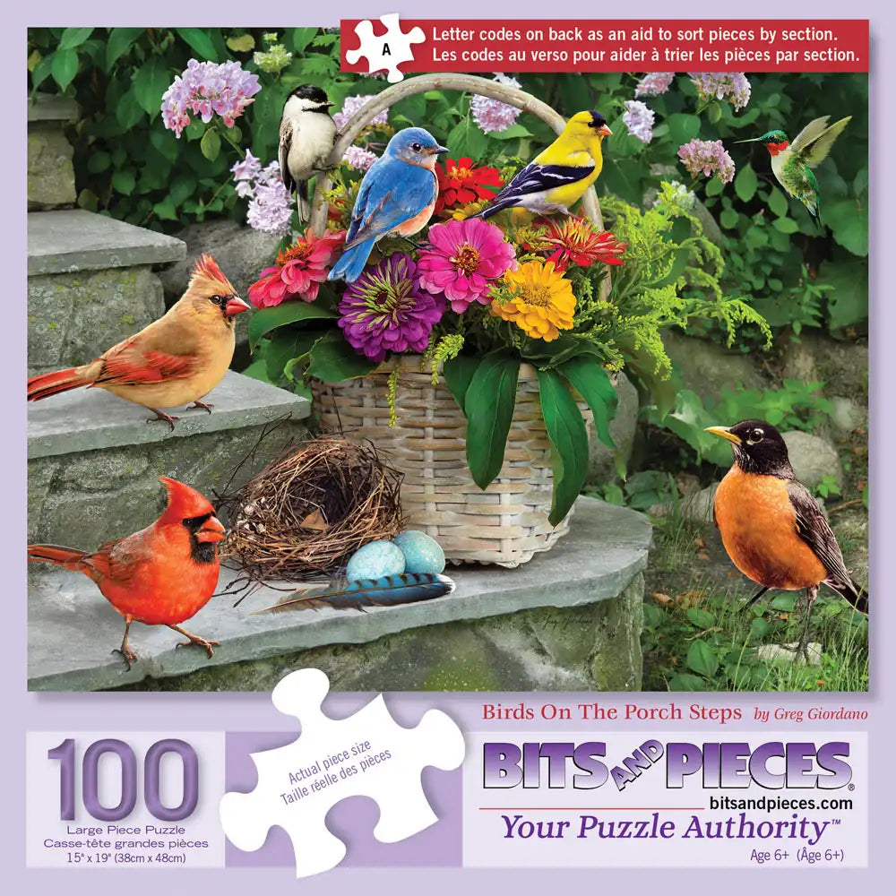 Birds On The Porch Steps 100 Large Piece Jigsaw Puzzle