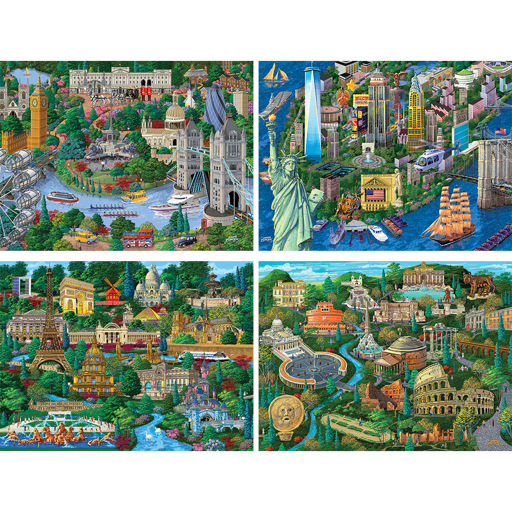 Set of 4: Joseph Burgess City Views 300 Large Piece Jigsaw Puzzles