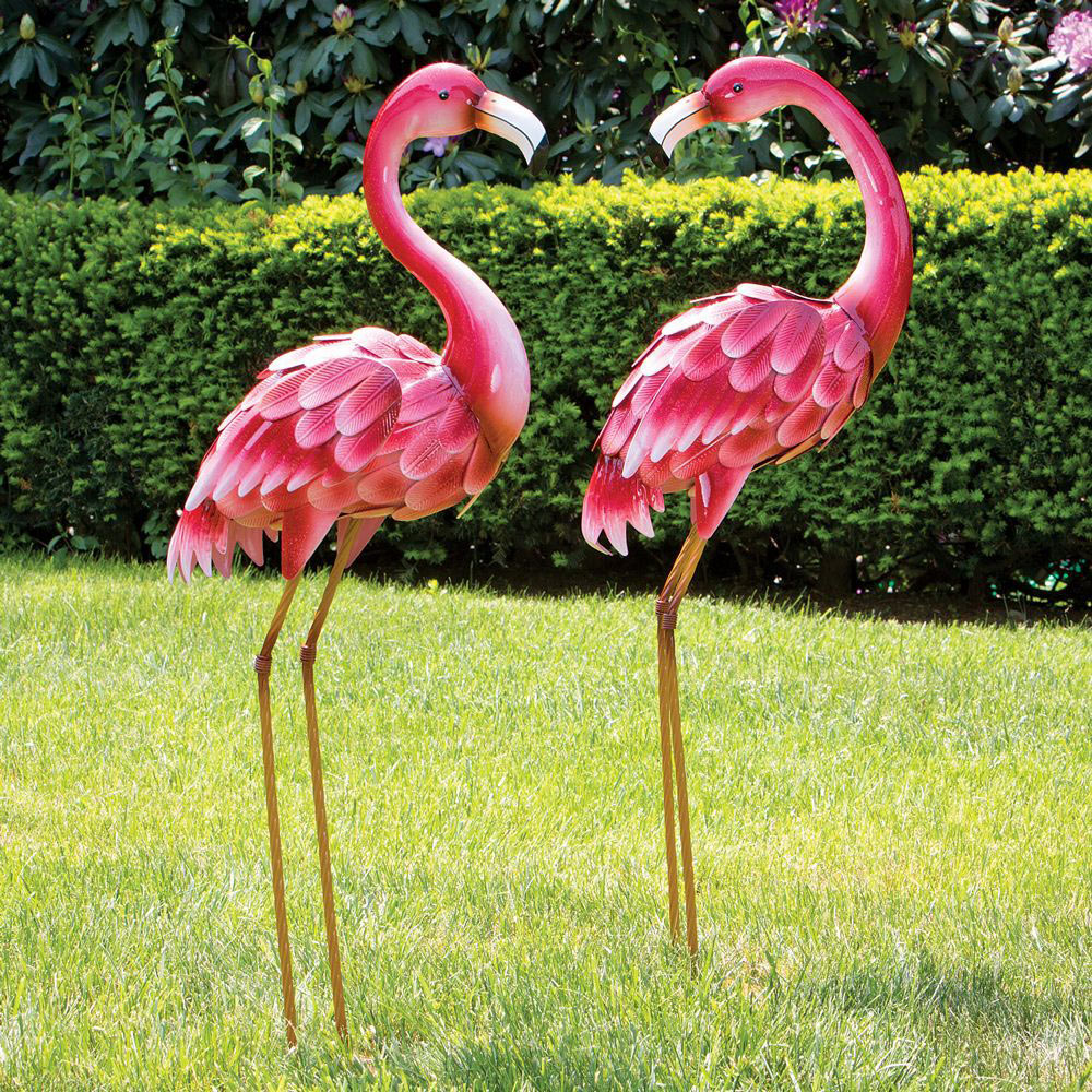 Set Of Two: Pink Metal Flamingo Garden Statues