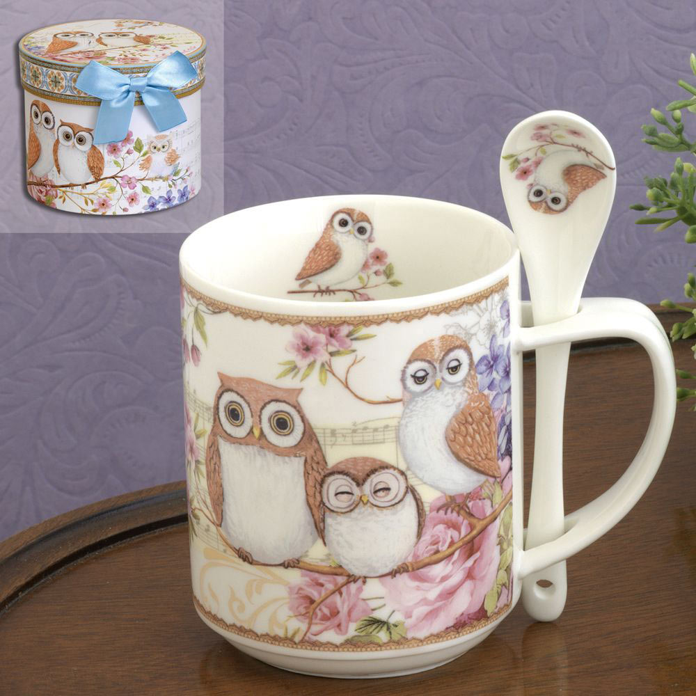Porcelain Owl Mug &amp; Spoon Set