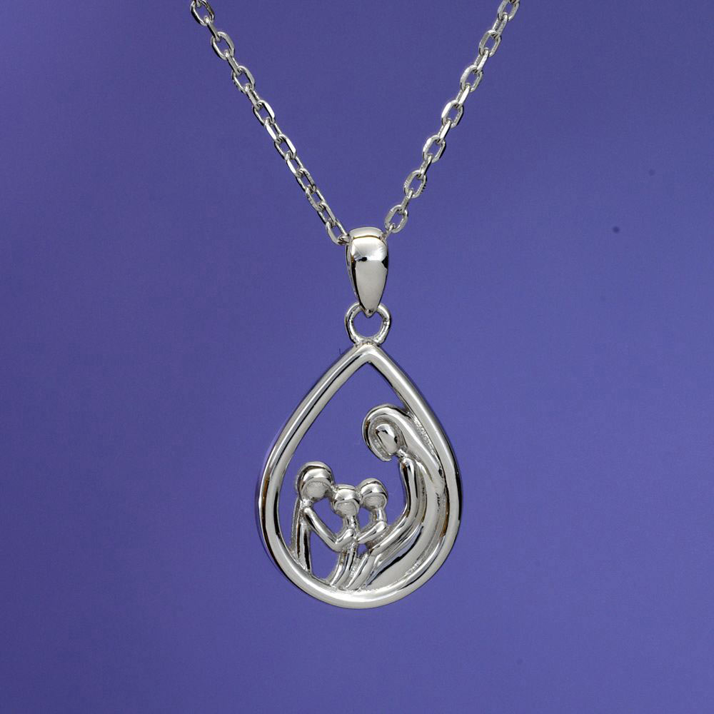 Mother &amp; 3 Child Sterling Pendant Necklace