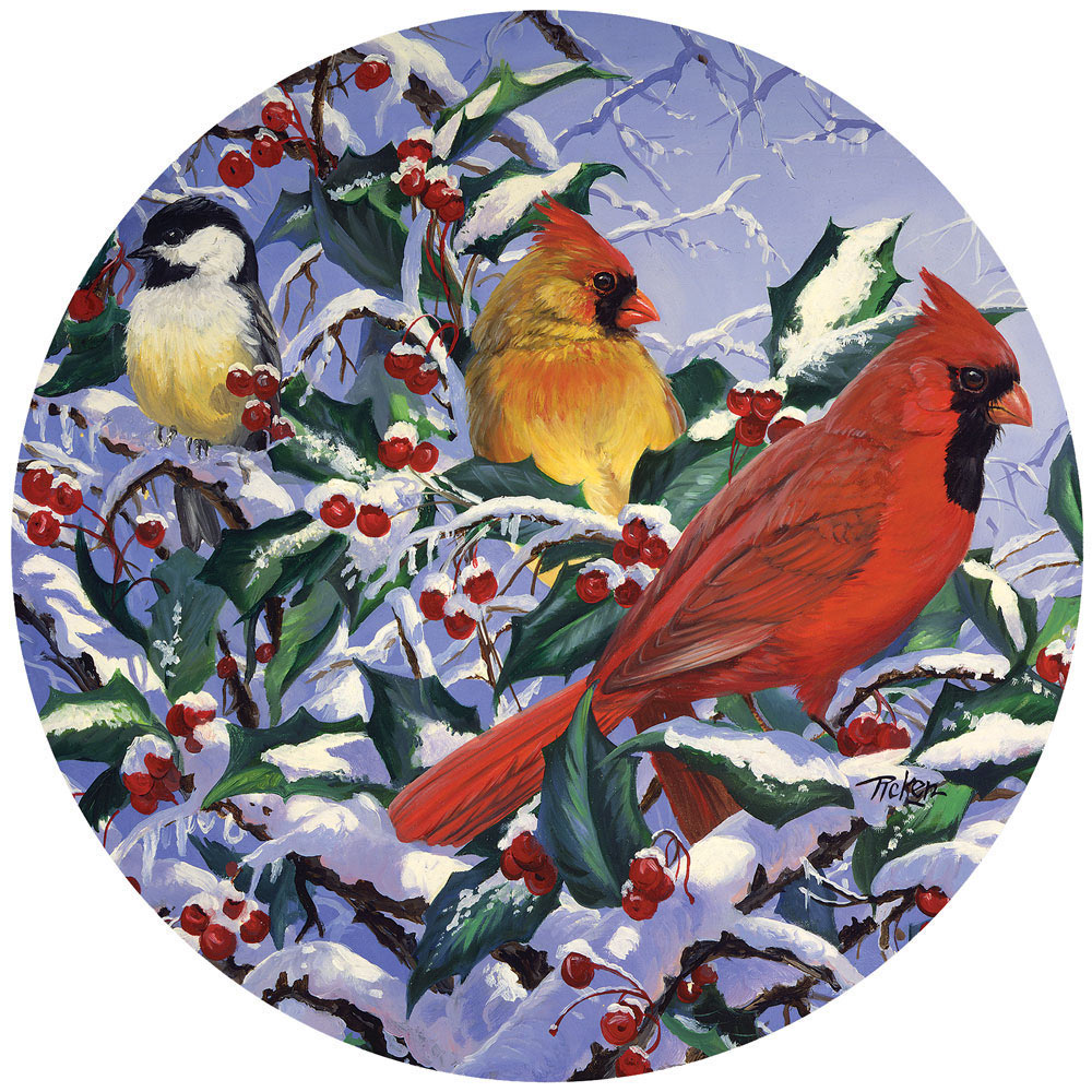 Cardinals In Holly With Chickadee 500 Piece Round Jigsaw Puzzle