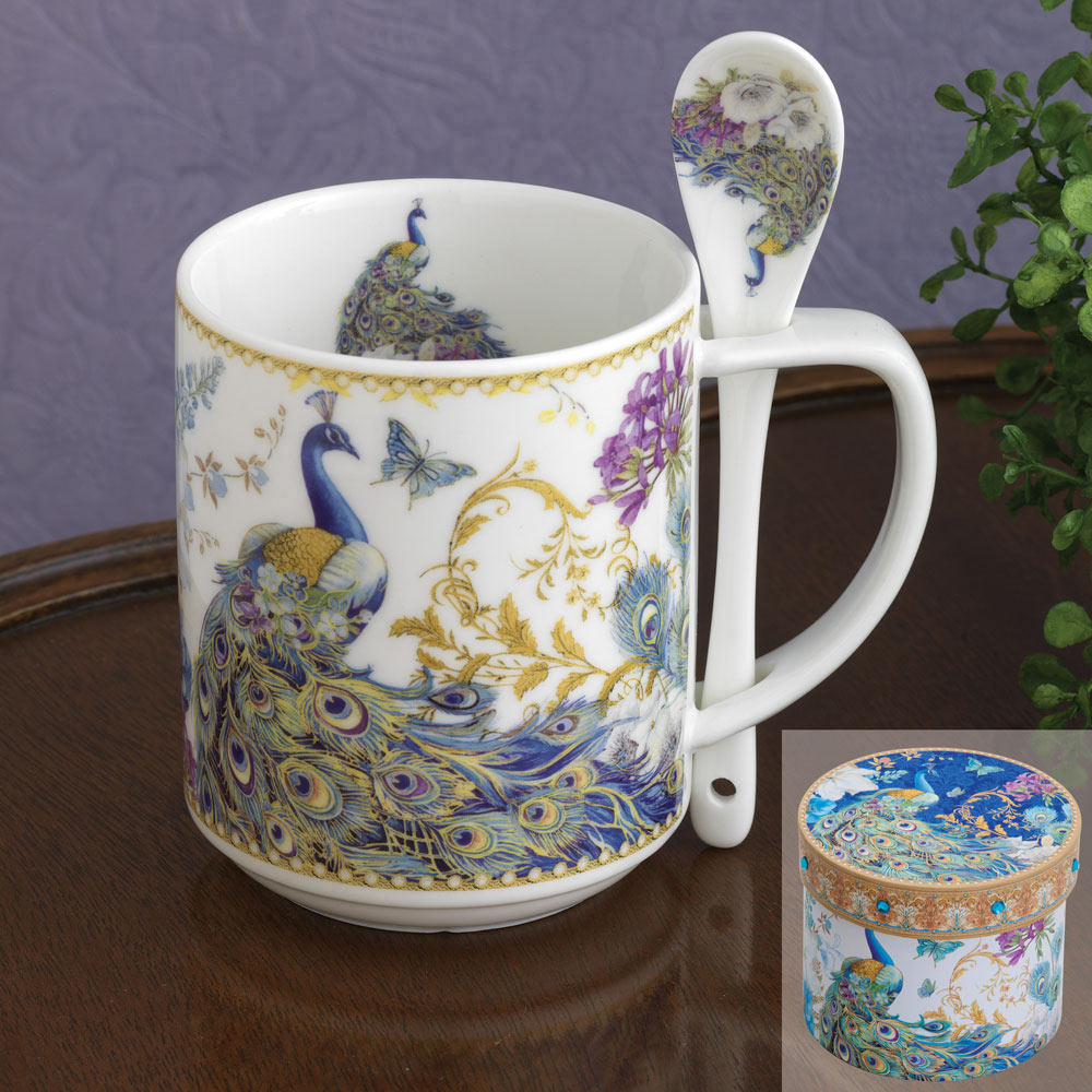 Porcelain Peacock Mug And Spoon Set