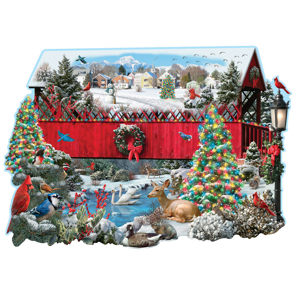Christmas Covered Bridge 750 Piece Shaped Jigsaw Puzzle