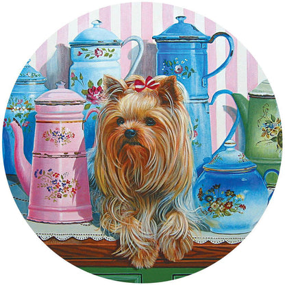 Yorkie And Antique Jugs 300 Large Piece Round Jigsaw Puzzle